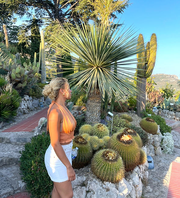 Woman in an orange top and white skirt observes desert plants in a lush garden. Sunny setting with clear blue sky and cactus landscape.