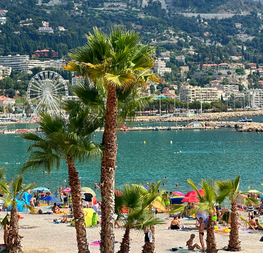 menton Beach scene with palm trees, colorful umbrellas, and people relaxing by the sea. Ferris wheel and hillside town in background. Sunny day.