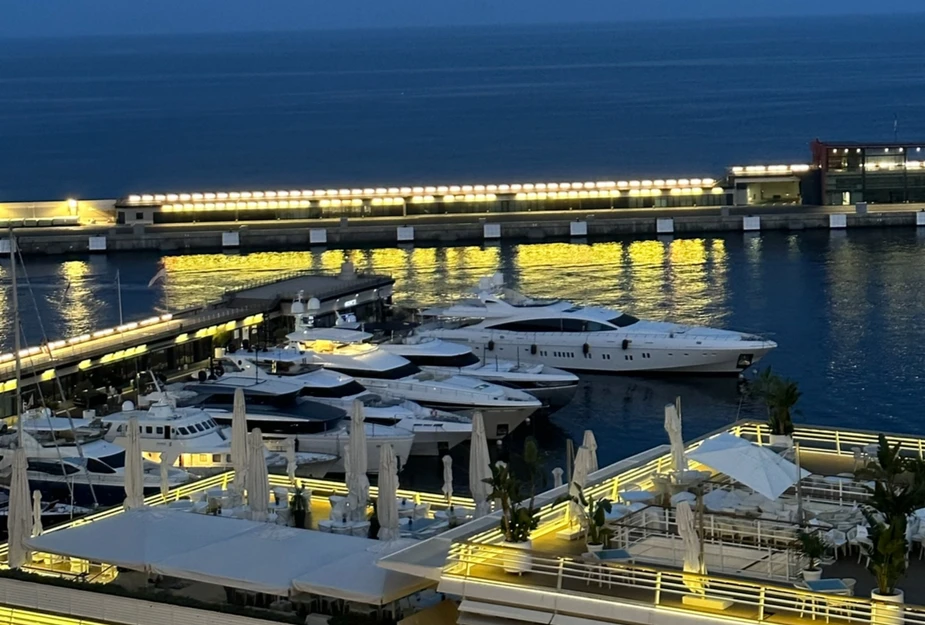yatchs in a lit up marina at night